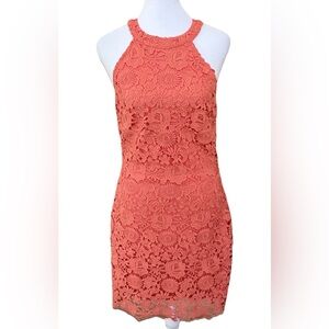 LULUS Love Poem Coral Orange Lace Mini Summer Halter Dress Size Medium